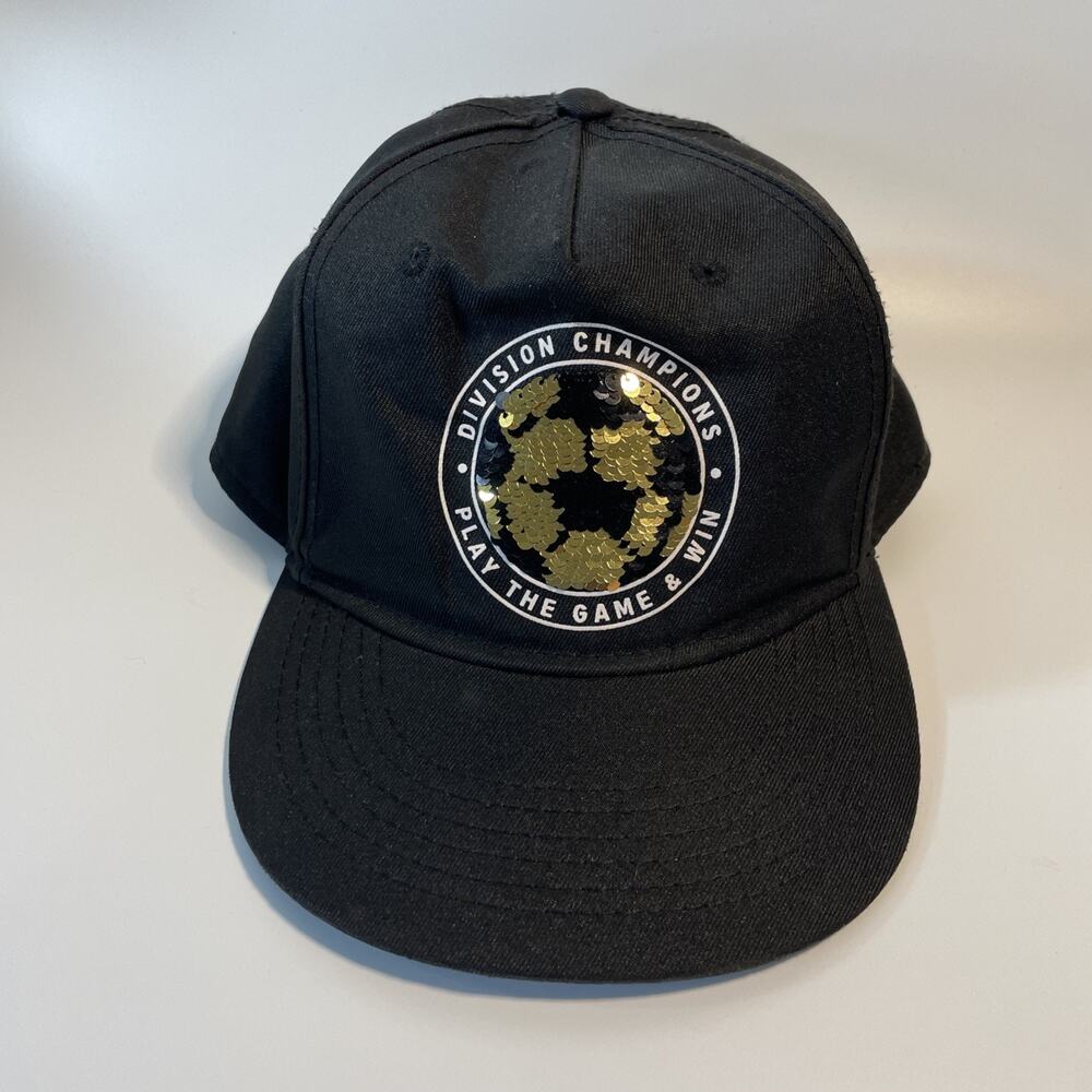 H&M Division Champions Play The Game Win Soccer Gold Sequin Black Snapback Cap